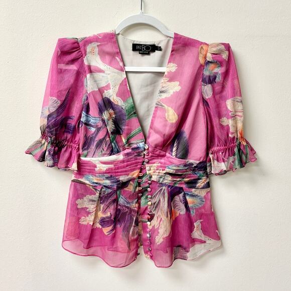 PatBO Floral Print Puff Sleeve V-Neck Button Front Blouse Pink Women's Size us 4 - Picture 3 of 6